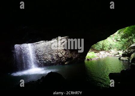 Nature Bridge, Glowworm Cave, cascata, Australia, Queensland, Springbrook National Park, Nature Arch, paesaggio, wanderlust Foto Stock