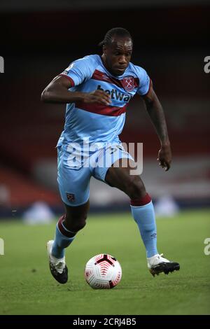 Londra, Regno Unito. 19 Settembre 2020. Michail Antonio (WHU) al match EPL Arsenal contro West Ham United, all'Emirates Stadium di Londra, Regno Unito, il 19 settembre 2020. Le partite della Premier League inglese sono ancora in gioco a porte chiuse a causa dell'attuale pandemia di Coronavirus COVID-19 e delle restrizioni di allontanamento sociale/blocco da parte del governo. Credit: Paul Marriott/Alamy Live News Foto Stock