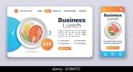 Banner Web Business Lunch e kit app mobile. Immagine vettoriale piatta icona piatta isolata, bistecca di pesce rosso e carne di bistecca e patatine fritte sul piatto Illustrazione Vettoriale