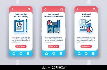 Analisi aziendale sulle schermate di onboarding delle app mobili. MODELLO GUI UI UX Illustrazione Vettoriale