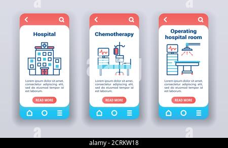 Trattamento del cancro sugli schermi di onboarding delle app mobili. MODELLO GUI UI UX. Illustrazione Vettoriale