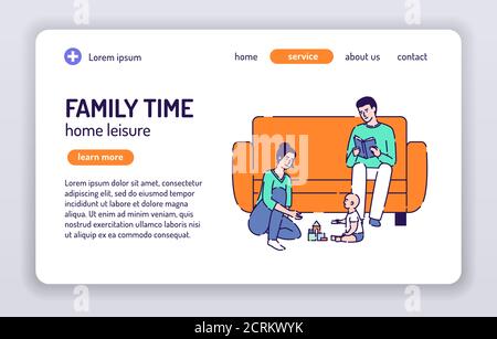 Banner Web per la famiglia. Tempo libero a casa. Personaggi di cartoni animati isolati su sfondo bianco. Concetto per pagina web, presentazione, smm, annuncio, sito. Vettore Illustrazione Vettoriale