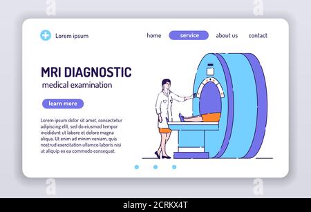 Dispositivo di scansione della macchina RM in ospedale. Visita medica per una malattia. Personaggi di cartoni animati isolati su sfondo bianco. Concetto di pagina Web Illustrazione Vettoriale