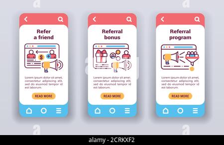 Marketing digitale sulle schermate di onboarding delle app mobili. Icone piatte, segnala amico, programma di riferimento, bonus. Illustrazione Vettoriale