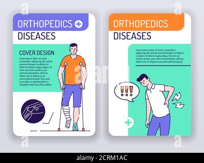 Modello di banner web sulle malattie ortopediche. Uomo con dolore alla schiena e uomo con un design rotto della copertura delle gambe. Stampare il disegno con illustrazioni lineari Illustrazione Vettoriale