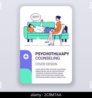 Modello di brochure di consulenza per la psicoterapia. Disegno di copertina di psicologia. Poster della rivista sulla salute mentale. Stampa disegno con illustrazioni lineari cartoni animati Illustrazione Vettoriale