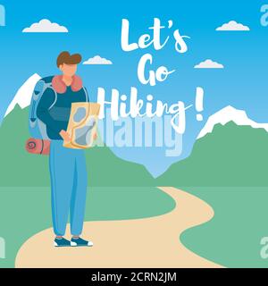 Lasciamo andare a piedi social media postare mockup. Guida trekking. Tour Company. Modello di disegno di banner Web pubblicitario. Caricamento dei social media, layout dei contenuti Illustrazione Vettoriale