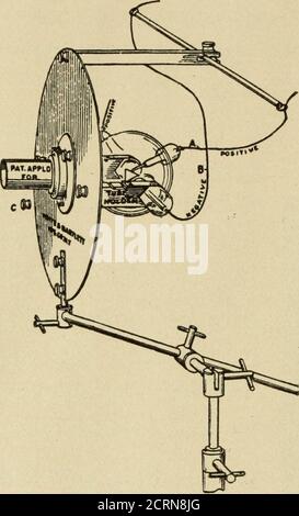 . Apparecchio a raggi X, lampade miniaturizzate e accessori. Strumento mediante il quale è possibile far schivare ad una nicezza i poteri penetranti di qualsiasi tubo Crookes 16 I. È costituito da una custodia Fluroscope con circoli graduati di spessore variabile e dovrebbe essere un punto di congiunzione prezioso per tutti gli operatori dei raggi X. Prezzo: 15.00 dollari. ATTREZZATURA DIAGNOSTICA. Quanto sopra è stato progettato dal Prof.Coakley, del Dipartimento medico di Cornell ITniversity. Il vetro trasparente copre la lampada quando si uj-ed per la trasilluminazione dell'antrum. Il tubo di vetro essendo rimovibile, è asettico facile. La gomma dura tubelined w^ith bianco gl Foto Stock