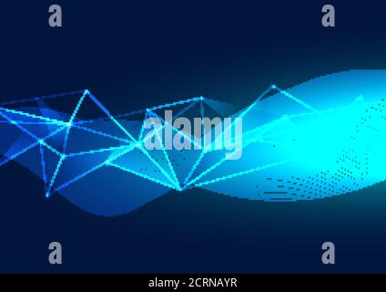 Astratto sfondo di poligoni blu da linee, punto incandescente particelle con effetto plesso. Flusso della linea d'onda. Tecnologia di visualizzazione digitale dei dati. Vettore Illustrazione Vettoriale