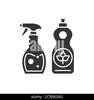 Icona nera glifo eco spray e detergente. Prodotti per la pulizia del bagno, della cucina. Stile di vita senza sprechi. Eco-friendly. Detergenti naturali organici Illustrazione Vettoriale