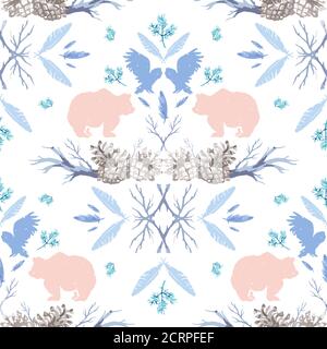 Silhouette forestali disegnate a mano modello senza cuciture con animali: Orso, gufo Illustrazione Vettoriale