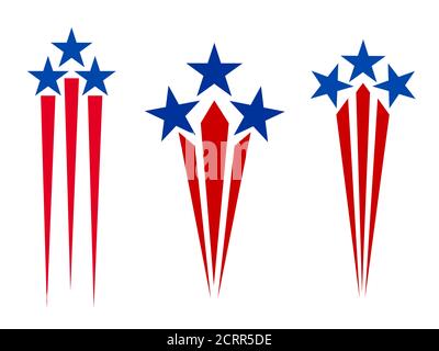 Simbolo della bandiera americana stelle e raggi icone set simboleggiare fuochi d'artificio vacanza. Illustrazione Vettoriale