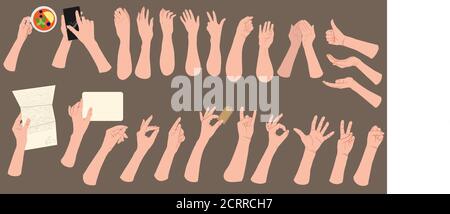 Insieme di mani che mostrano diversi gesti isolati. Raccolta di diversi segnali a mano. Cartoni animati vettoriali piatti illustrazione di mani femminili e maschili. Emotivo Illustrazione Vettoriale