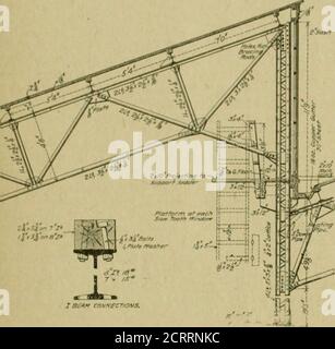 . L'ingegnere americano e giornale ferroviario. D deve essere sollevato; e ifrope, L, è rapidamente allentato la staffa immediatamente cerca la tacca inferiore successiva e quindi non cade alcuna distanza. E' praticamente impossibile spostare il ponteggio mentre qualcuno è su di esso, in quanto il loro peso agisce in modo così forte nel tenere la staffa in thenotch. Le piattaforme sono costruite in lunghezze di 14 piedi, e sono flessicollegate ai giunti; questo permette di una sezione che ha sollevato una tacca più in alto o più in basso rispetto a quelle accanto ad essa all'estremità terminale. Un particolare del giunto nella piattaforma è mostrato suldisegno a caffold. Con questo significa la setta Foto Stock