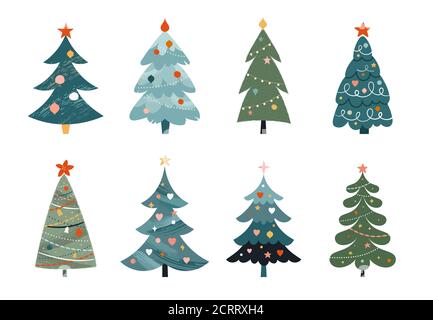 Collezione di alberi di Natale, design moderno e piatto. Adesivi, elementi, poster Merry Xmas, icone. Illustrazione vettoriale Illustrazione Vettoriale