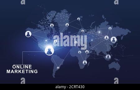 Icone dei profili connessi sulla mappa del mondo, testo di marketing online Foto Stock