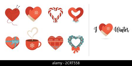 Amore invernale. Collezione di icone concettuali, elementi con cuori rossi in diverse forme: Sciarpa, tazza, confezione regalo, mittens e caramelle. Icone vettoriali piatte Illustrazione Vettoriale