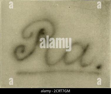 . Radioattività : un trattato elementare dal punto di vista della teoria della disintegrazione . Fig. 3.-Eadiografo di una medaglia di alluminio presa da M. Becquerel con l'uranio Eays. Esposizione: Due settimane. (Da Rapports du Coagres International de Physique, 1900, Tomé III, pag. 51). Fig. 4.-negativo prodotto per scrittura con una provetta Gbs3 contenente apari milligrammi di puro bromuro di Eadio su un plateello fotografico avvolto in carta nera. Radio-attività. [To faee pagelS. GLI ELEMENTI RADIOATTIVI. 19 elementi è strettamente analogo all'uso dello spettroscopemade da parte di Bunsen e Kirchhoff per gli stessi Foto Stock