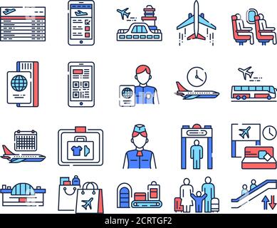 Set di icone della linea a colori del servizio AirPort. Voli internazionali. Pittogrammi per pagina Web, app mobile, promo. Elementi di progettazione GUI UI UX. Tratto modificabile. Illustrazione Vettoriale