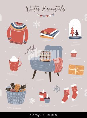 Nordic, elementi invernali scandinavi e Hygge Concept design, Merry Christmas card, banner, sfondo, illustrazioni vettoriali disegnate a mano Illustrazione Vettoriale