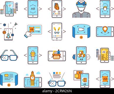 Set di icone di linee a colori per realtà aumentata. Tecnologia digitale. Pittogramma per pagina web, app mobile, promo. Elemento di progettazione GUI UI UX. Tratto modificabile Illustrazione Vettoriale