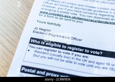 Registro delle votazioni lettera rettificativa del funzionario per la registrazione elettorale del consiglio locale Foto Stock