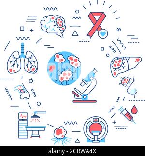 Banner Web sul cancro. Diagnostica medica oncologica. Neoplasie maligne. Infografiche con icone lineari su sfondo rosso. Concetto di idea creativa. Isolato Illustrazione Vettoriale