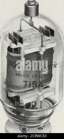 . La rivista tecnica Bell System . ^ Fig. 5 – il tubo del vuoto 715A dei supporti della griglia di controllo e della griglia dello schermo. La piastra è in molibdeno con rivestimento in zirconio sulla sua superficie esterna. Questo rivestimento è stato impiegato per aumentare l'emissività termica della piastra nell'interesse di una bassa temperatura di funzionamento. Serve anche ad assorbire del gas. I terminali di catodo, di rete e di rete del tubo sono stati portati fuori nel BANCO TECNICO 16 DEL SISTEMA A CAMPANA a 4 pin 826 in vetro stampato Foto Stock