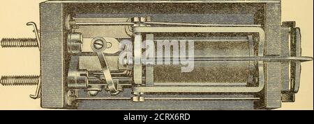 . Pratica telefonica americana . FIG. 1S4. - VISTA DALL'ALTO, BOBINA WTTH RIMOSSA. Prodotta dalla American Electric Telephone Company. In questa goccia, che è mostrata nelle Figg. 183, 184 e 185, la bobina di azionamentoè montata direttamente sopra il martinetto a molla. La bobina è incuneodon i lati in un telaio o scatola in lamiera di ferro, C, per diminuire l'induzione tra gocce adiacenti. L'armatura della magnetite imperniata posteriormente a questo scudo, e porta un aggettamento in avanti. FIG. 1S5. - VISTA DALL'ALTO, CON LA LEVA A BOBINA IN POSIZIONE, /, che a sua volta porta sulla sua estremità anteriore un fermo per tenere fermo l'otturatore, d Foto Stock
