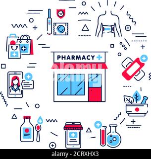 Banner web farmacia. Comunicazione clinica medica con pazienti e medicamenti. Infografiche con icone lineari su sfondo blu. Contorno isolato Illustrazione Vettoriale