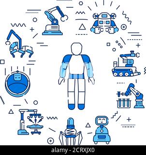 Banner Web di robotica. Innovazione tecnologica. Assistenti per le persone in diversi settori. Infografiche con icone lineari su sfondo blu Illustrazione Vettoriale