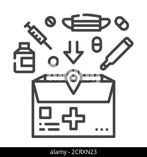 Icona della linea nera per la somministrazione dei medicinali. Acquisto e consegna di merci dalla farmacia. Firma per pagina Web, app. Elemento di progettazione GUI UI UX. Tratto modificabile Illustrazione Vettoriale
