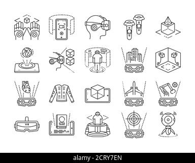 Set di icone di linea nera per la realtà virtuale. Tecnologia innovativa. Pittogrammi per pagina Web, app mobile. Elemento di progettazione GUI UI UX. Tratto modificabile Illustrazione Vettoriale