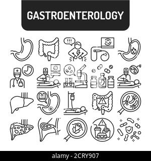 Set di icone di linea nera per la gastroenterologia. Esame medico addominale. Pittogrammi per Web, app mobile, promo. Elementi di progettazione UI UX. Tratto modificabile. Illustrazione Vettoriale