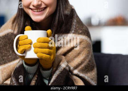 vista a taglio di donna che indossa guanti in maglia, avvolti in una coperta di plaid, che tiene una tazza di tè caldo a casa Foto Stock