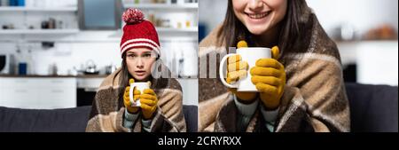 collage di giovane donna, avvolto in coperta di plaid caldo, tenendo tazza di bevanda calda in cucina fredda, raccolto orizzontale Foto Stock