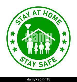 Stay at Home Stand Safe adesivo rotondo o icona badge con testo e famiglia in un simbolo della casa. Immagine vettoriale. Illustrazione Vettoriale