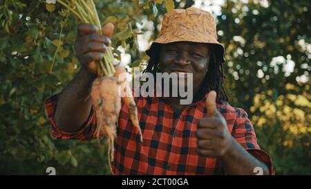 Agricoltore africano soddisfatto che mostra carote arancioni raccolte di fresco . Foto di alta qualità Foto Stock