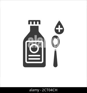 Bottiglia di sciroppo medico glifo icona nera. Miscela medica in cucchiaio e contenitore. Trattamento malattie infettive, raffreddori, influenza, tosse. Firma per la pagina Web Illustrazione Vettoriale