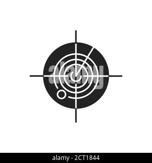 Icona del glifo nero del radar. Sistema di ricerca di radiolocalizzazione marina o militare. Sonar della marina. Schermata di rilevamento. Tracciamento della posizione. Accedi alla pagina Web, app mobile Illustrazione Vettoriale