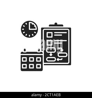 Pianificazione del flusso di lavoro e controllo icona glifo nero. Concetto di gestione del tempo. Processo aziendale. Accedi alla pagina Web, all'app mobile, al pulsante, al logo. Vettore Illustrazione Vettoriale