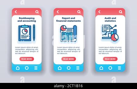 Analisi aziendale sulle schermate di onboarding delle app mobili. MODELLO GUI UI UX Illustrazione Vettoriale