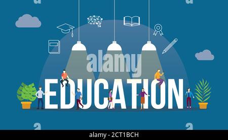 concetto di educazione con persone e grandi parole di testo e relativi icona piatta Illustrazione Vettoriale