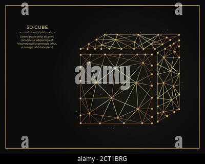3d cubo golden illustrazione astratta su uno sfondo scuro. Modello poligonale a forma geometrica composto da linee e punti. Illustrazione Vettoriale