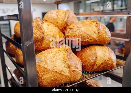 I loafs dorati croccanti del pane appena sfornati rinfrescano su un forato ripiano in ferro Foto Stock