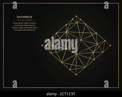 Rhombus Golden illustrazione astratta su sfondo scuro. Modello poligonale a forma geometrica composto da linee e punti. Illustrazione Vettoriale