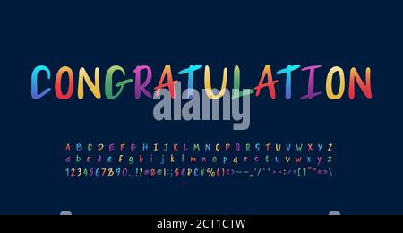 Colori variopinti caratteri di pennello alfabeto scritto a mano arcobaleno colori di gradiente luminoso. Lettere maiuscole e minuscole, numeri, segni e simboli. Vettore. Illustrazione Vettoriale