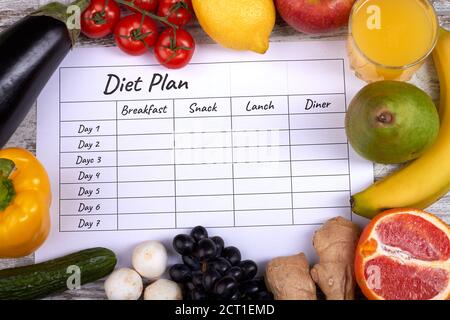 Foglio di programma di dieta con frutta e verdura. Foto Stock