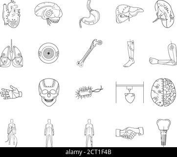 Set di icone con linea nera per arti artificiali. Impianti protesici di organi e parti del corpo differenti. Tratto modificabile. Illustrazione Vettoriale