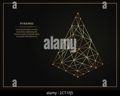 Immagine astratta piramidale dorata su sfondo scuro. Modello poligonale a forma geometrica composto da linee e punti. Illustrazione Vettoriale